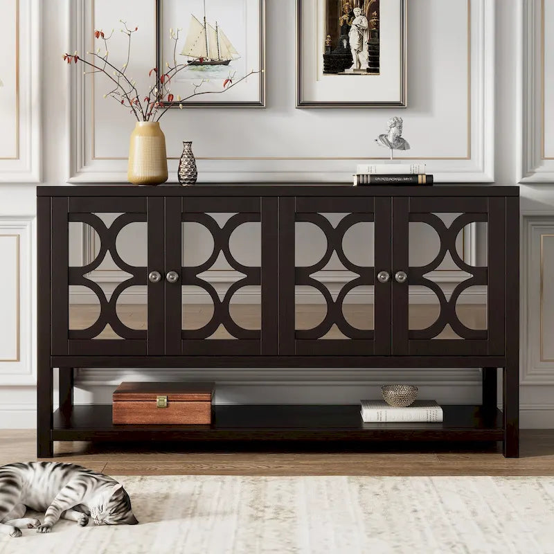 Eleganter Retro-Konsolentisch/Aufbewahrungsschrank/Sideboard mit Spiegeltüren, geräumigen Einlegeböden und langlebigen Akazienholzbeinen