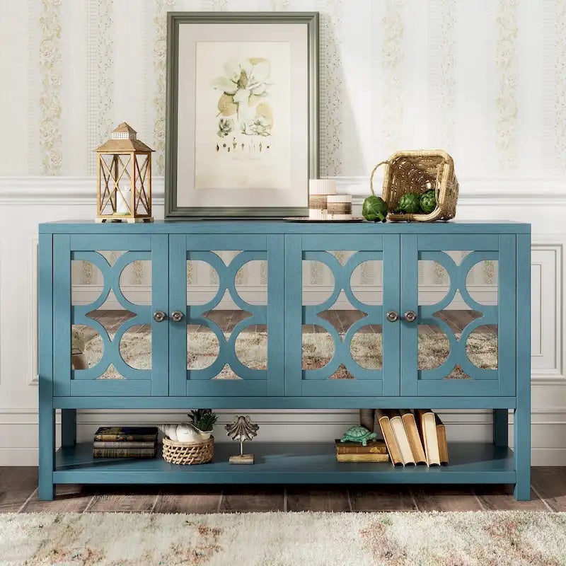 Eleganter Retro-Konsolentisch/Aufbewahrungsschrank/Sideboard mit Spiegeltüren, geräumigen Einlegeböden und langlebigen Akazienholzbeinen