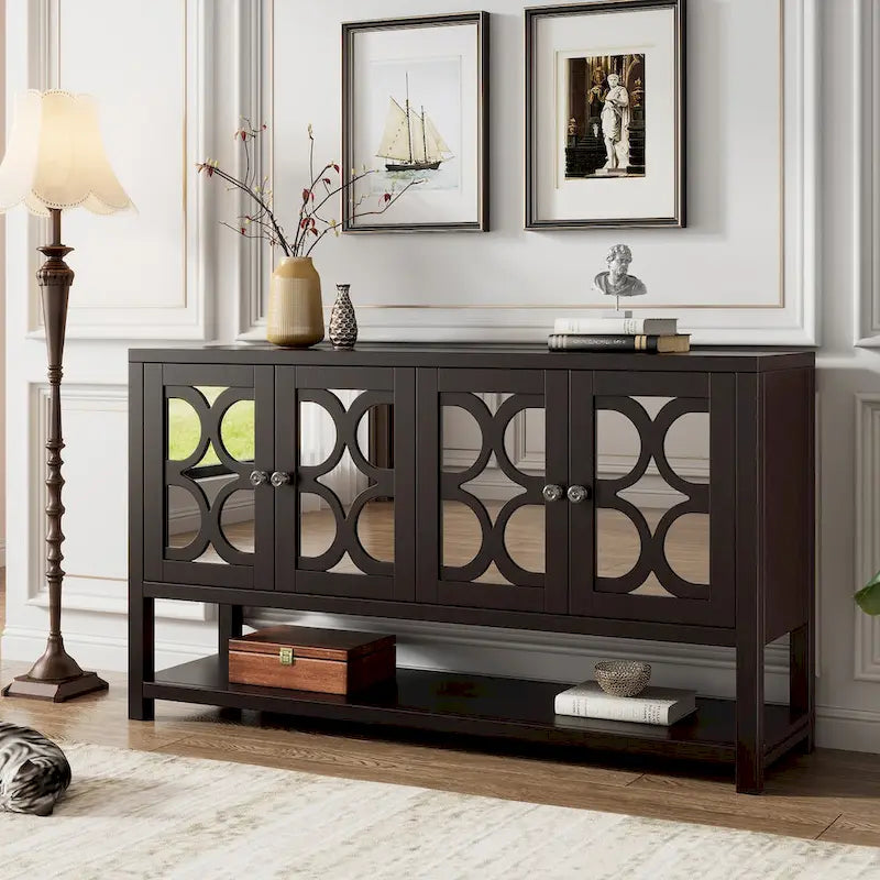 Eleganter Retro-Konsolentisch/Aufbewahrungsschrank/Sideboard mit Spiegeltüren, geräumigen Einlegeböden und langlebigen Akazienholzbeinen