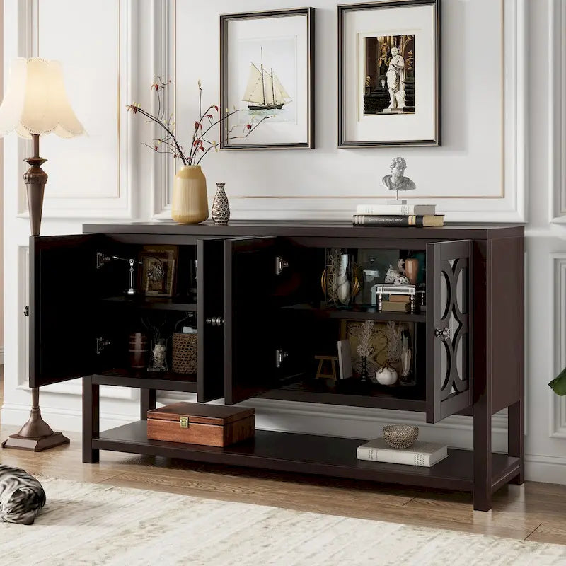 Eleganter Retro-Konsolentisch/Aufbewahrungsschrank/Sideboard mit Spiegeltüren, geräumigen Einlegeböden und langlebigen Akazienholzbeinen