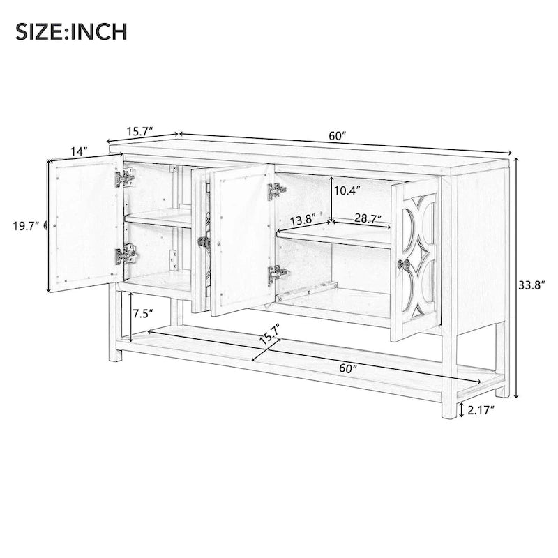 Eleganter Retro-Konsolentisch/Aufbewahrungsschrank/Sideboard mit Spiegeltüren, geräumigen Einlegeböden und langlebigen Akazienholzbeinen