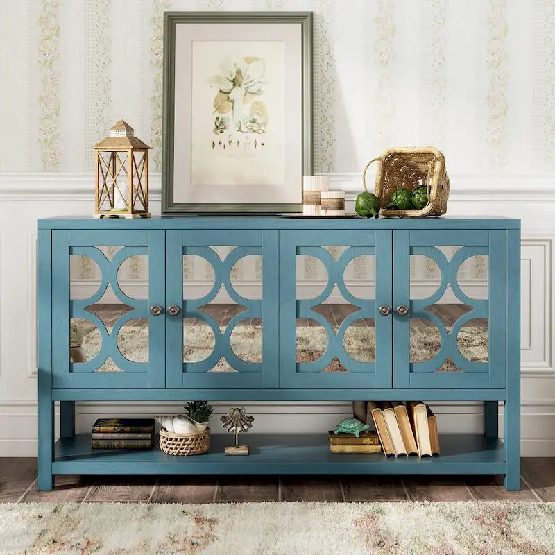 Eleganter Retro-Konsolentisch/Aufbewahrungsschrank/Sideboard mit Spiegeltüren, geräumigen Einlegeböden und langlebigen Akazienholzbeinen