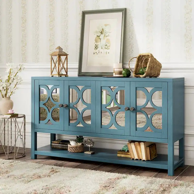 Eleganter Retro-Konsolentisch/Aufbewahrungsschrank/Sideboard mit Spiegeltüren, geräumigen Einlegeböden und langlebigen Akazienholzbeinen
