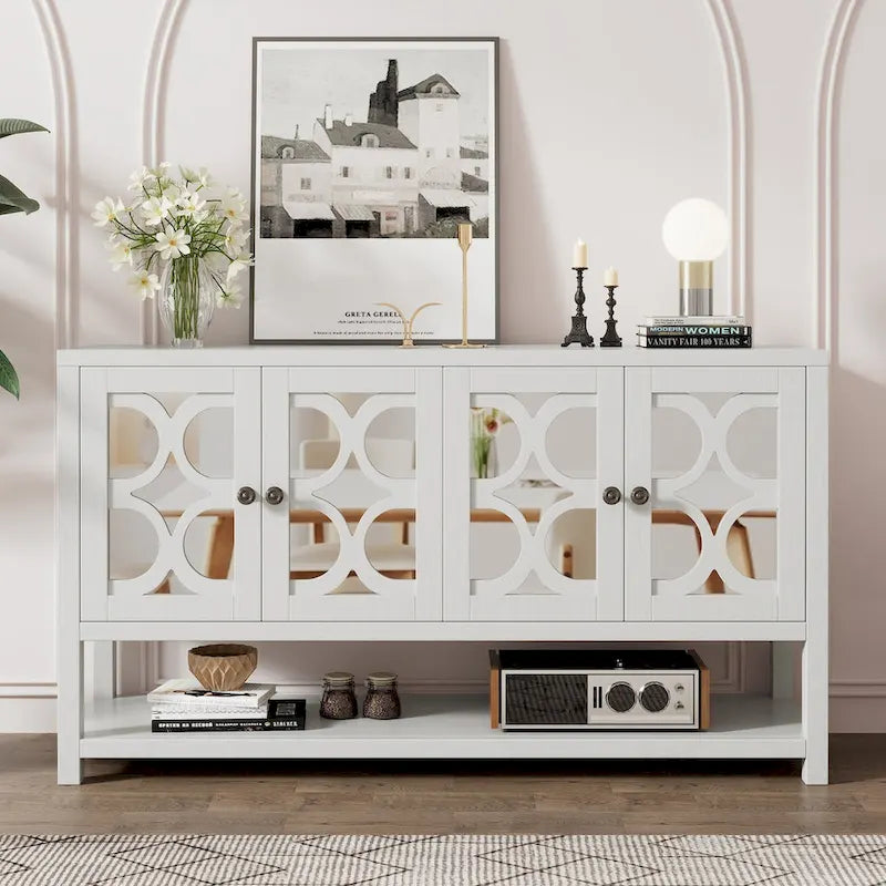 Eleganter Retro-Konsolentisch/Aufbewahrungsschrank/Sideboard mit Spiegeltüren, geräumigen Einlegeböden und langlebigen Akazienholzbeinen