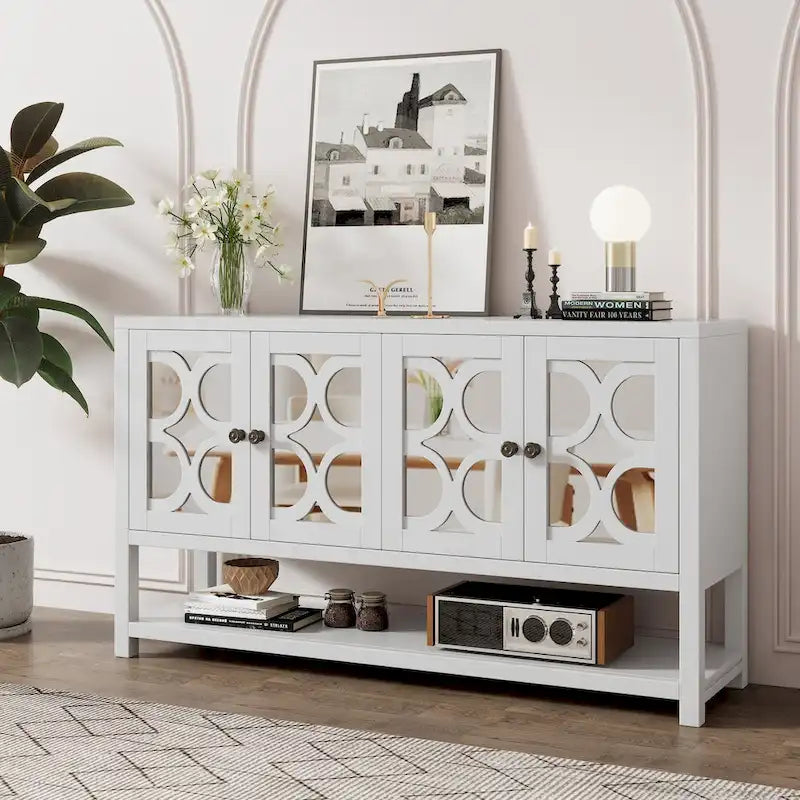 Eleganter Retro-Konsolentisch/Aufbewahrungsschrank/Sideboard mit Spiegeltüren, geräumigen Einlegeböden und langlebigen Akazienholzbeinen