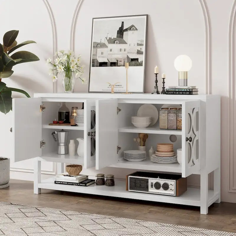Eleganter Retro-Konsolentisch/Aufbewahrungsschrank/Sideboard mit Spiegeltüren, geräumigen Einlegeböden und langlebigen Akazienholzbeinen